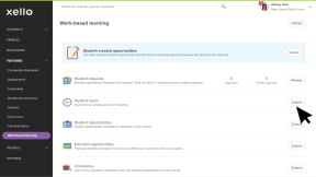 Work-based learning page in Xello. Next to Student hours, the cursor is clicking Explore.